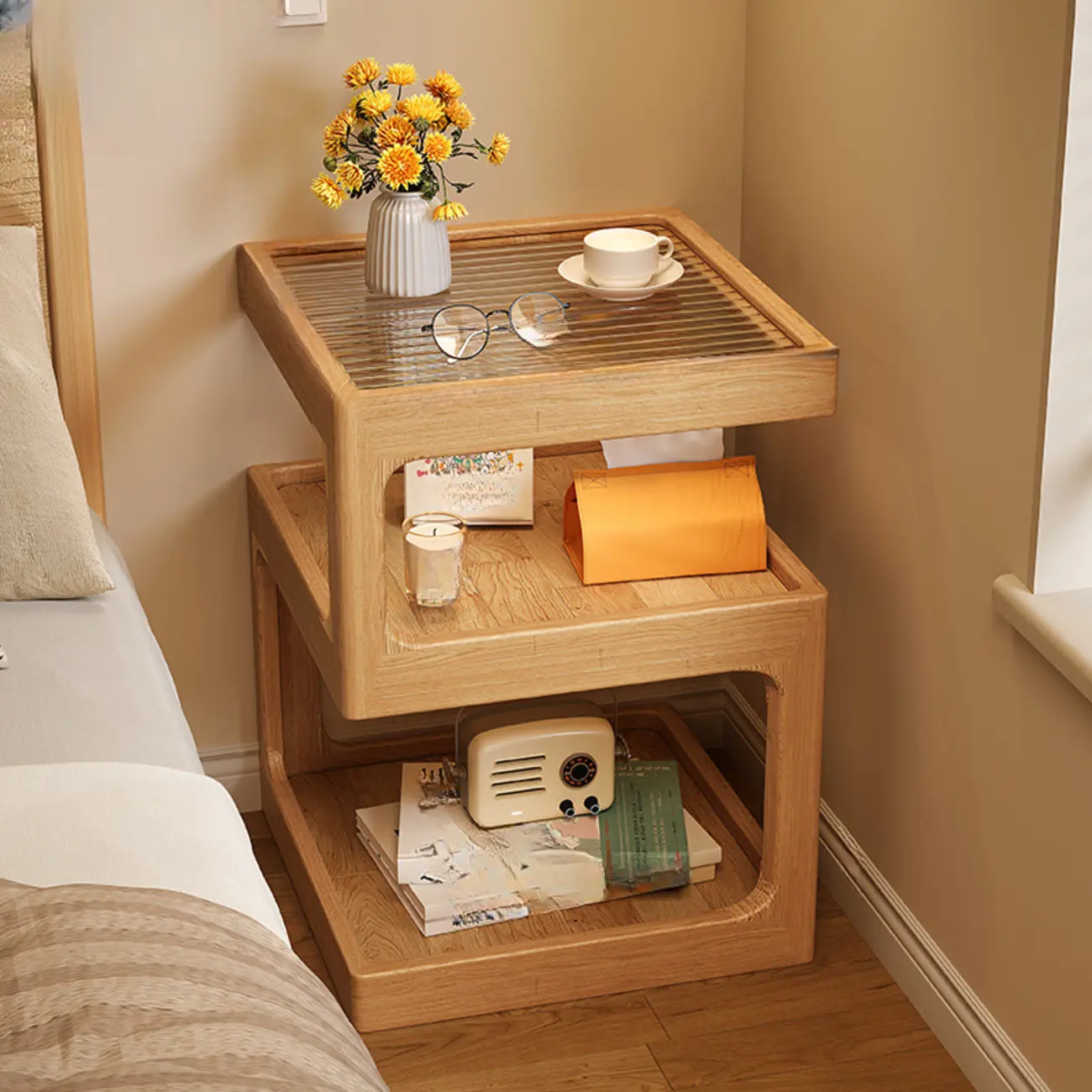 Elegant Narrow 3-Tier Natural Wood Nightstand with Glass Top