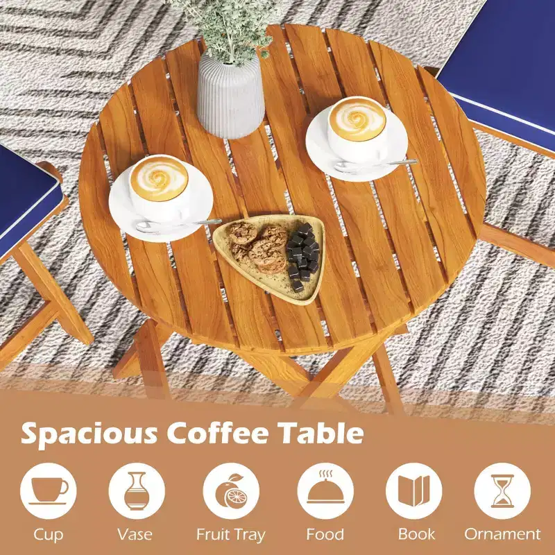 Costway 3 PCS Acacia Wood Patio Bistro Set Folding Table & Chairs Set with Cushions Beige/Navy