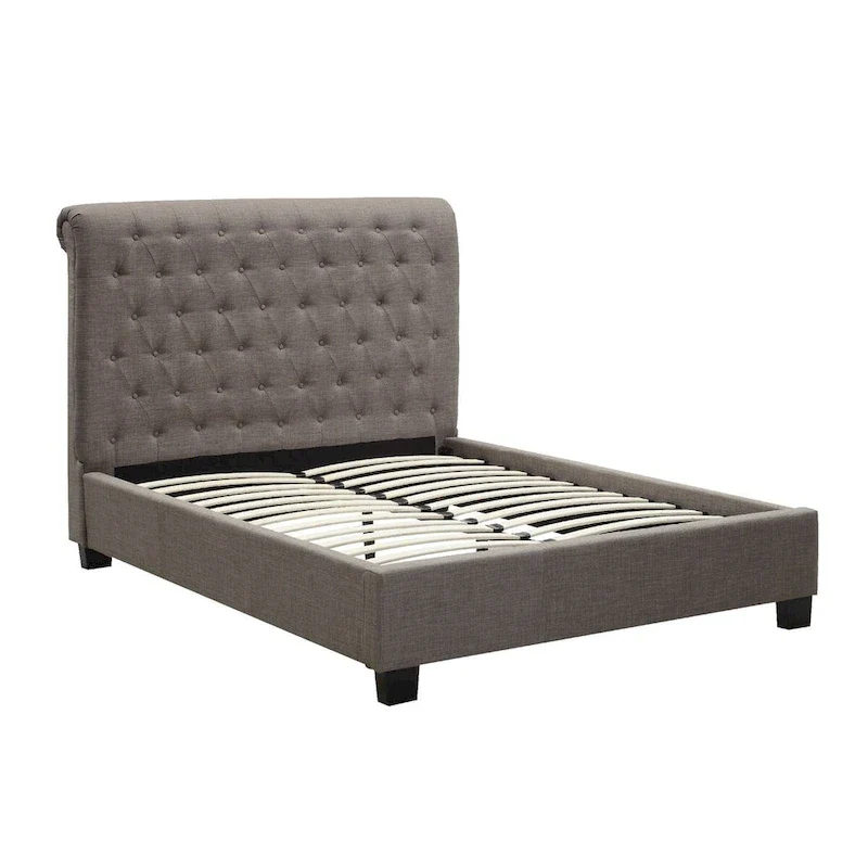 Low Profile Queen Bed, Button Tufted Upholstered Rolled Back, Gray