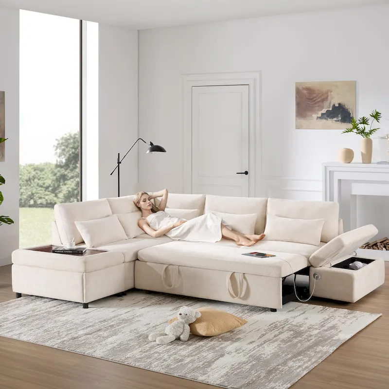 107 Oversized Chenille Modular Sectional Pull-out Sofa, Free Movement Storage Ottoman