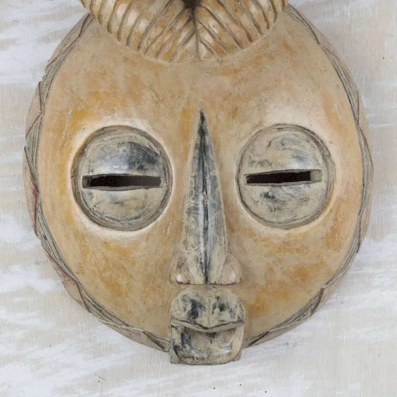 Handmade Yellow Gazelle African Wood Mask (Ghana) - 17.25  H x 9.5  W x 3.5  D