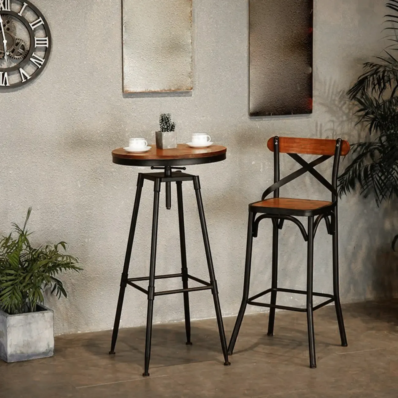 Rustic Wooden Adjustable Pub Bar Table with Metal Footrest