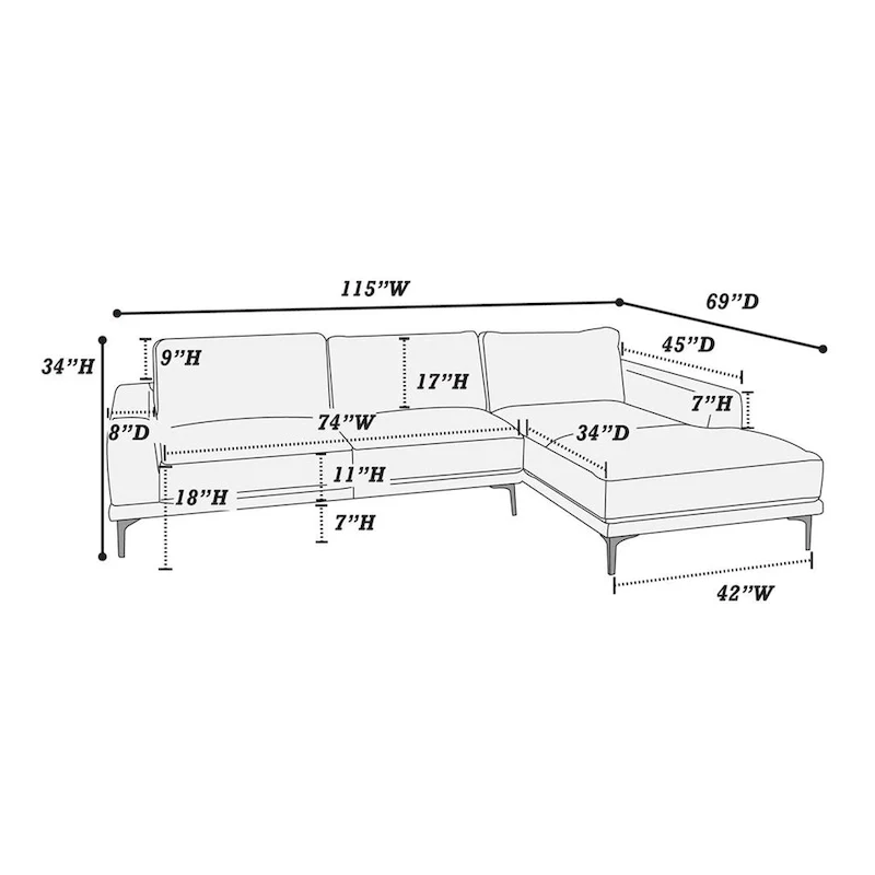 Kemy 2pc L Sectional Sofa Set w Chaise, Gray Faux Leather Upholstery