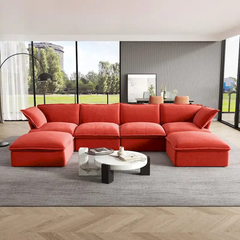 U-shaped Velvet Cloud Sectional Sofa, Down Feather Wide Deep Seat Convertible Couch with 2 Storage Ottomans.