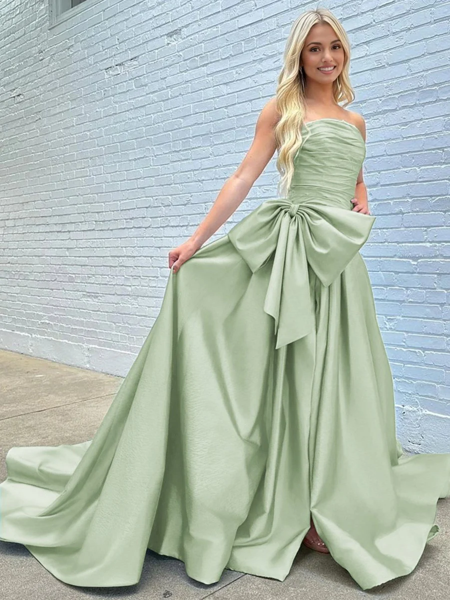 A-line Strapless Taffeta Long Prom Dress With Slit