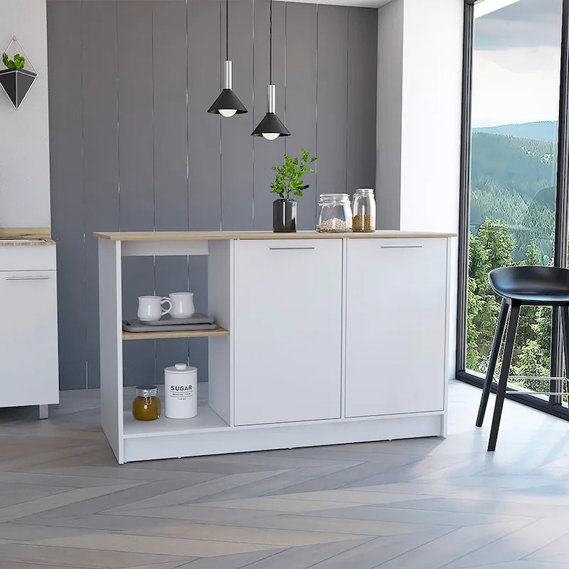 Kitchen Island, Four Open Shelves, Two Cabinets -Light Oak / White