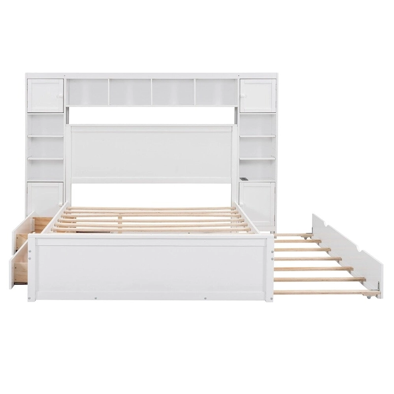 Queen Size Wooden Bed with All-in-One Cabinet, Shelf and Sockets