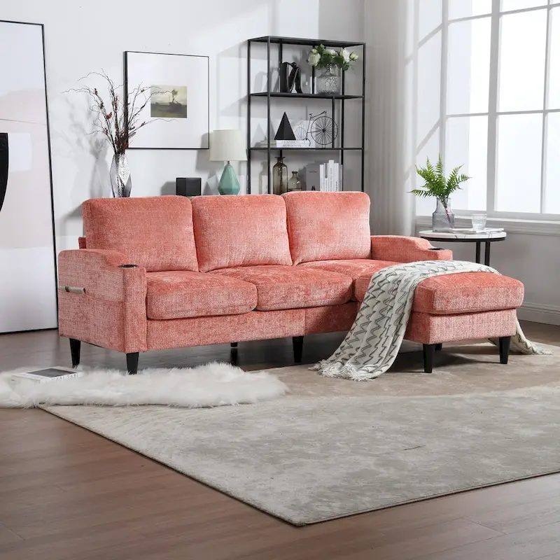Chenille Sectional Sofa with Storage Ottoman & Cup Holders | Living Room Couch