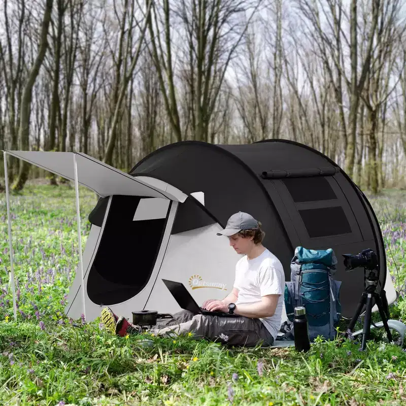 NAYSAYE 2 to 3 Person Pop Up Camping Tent with Porch 3000mm Waterproof Fiberglass Poles for Outdoor Adventures, Black, 110.3*82*46