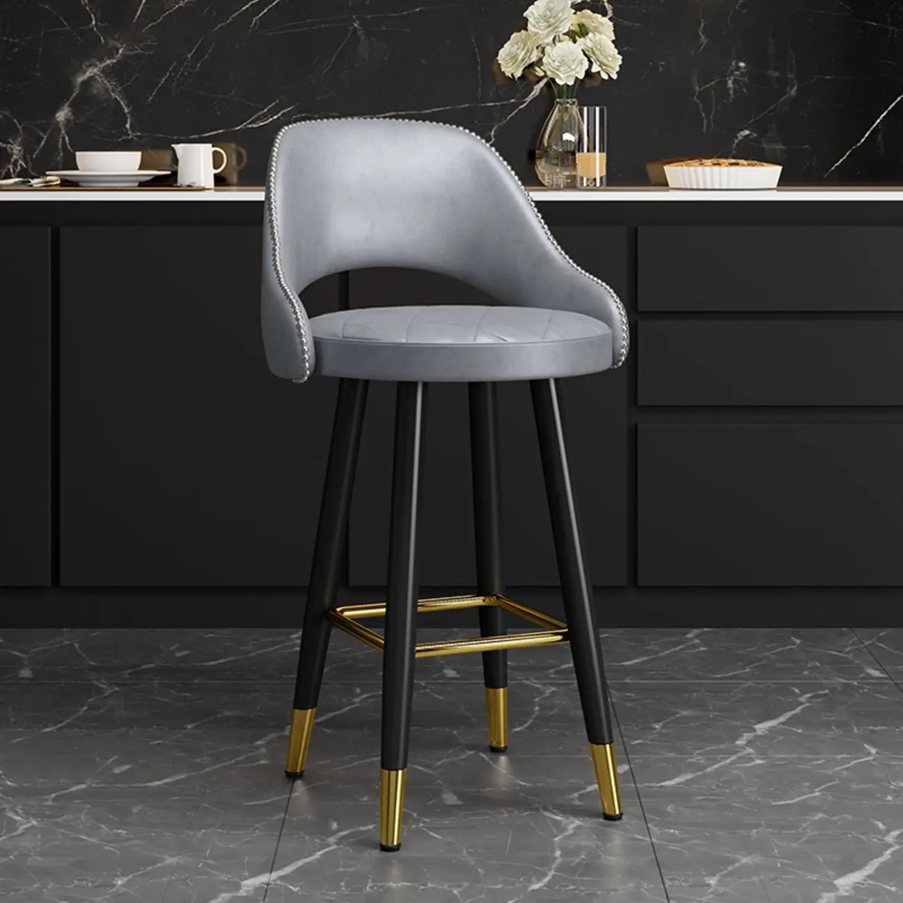 Modern Round Leather Curved Back Bar Stools