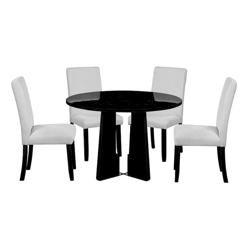 5 Pcs Wood Kitchen Table and Chair Set, 4 People Round Dining Table Set with Faux Marble Top and 4 Upholstered Chairs