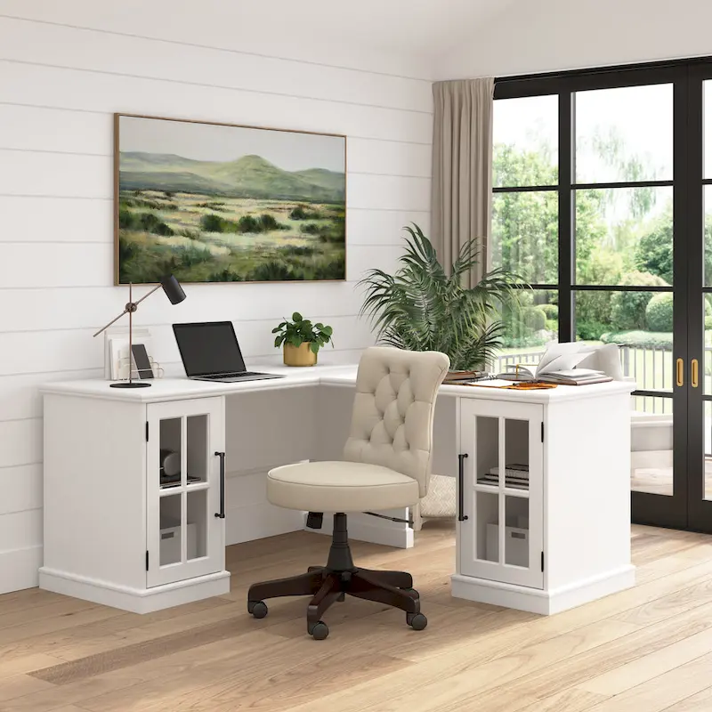White Ash L-Shaped Desk with Storage, 1-Person