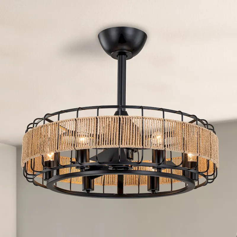 C Cattleya 23  3 Blades 6-Light Black Ceiling Fan with Paper Rope Shade