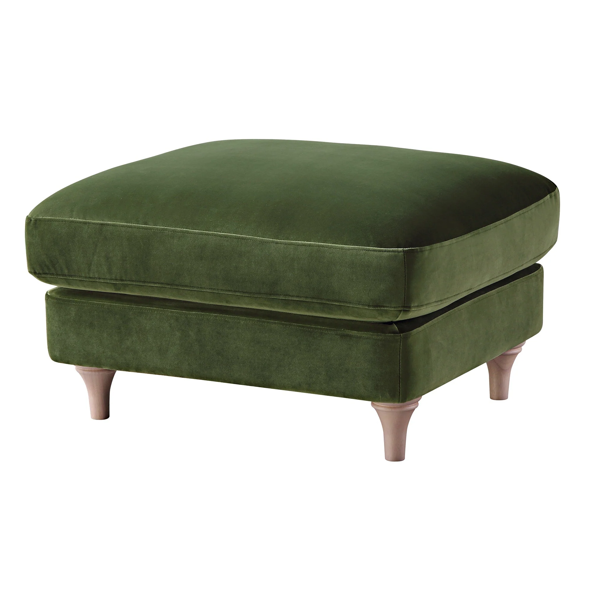 Traditional English Footstool - Fern Green Velvet, Washed Wood Legs, Padded Seat, 31.5