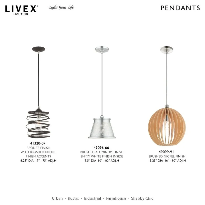Livex Lighting 1 Light Mini Pendant, 49099-91 - 13.25  Dia x 16  - 90  Adj. H