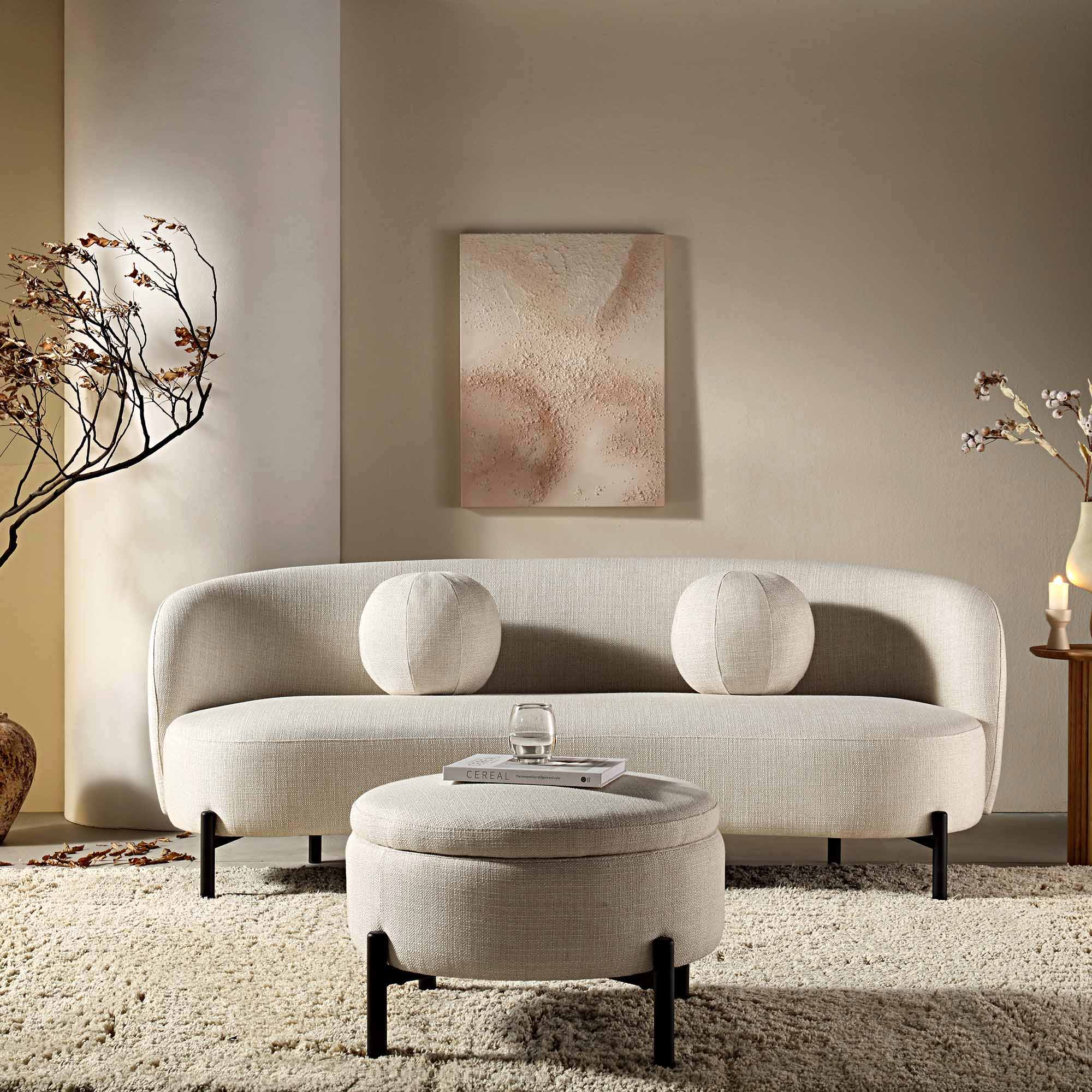 3-Seater Curved Sofa with Ball Cushions, Beige Linen Blend