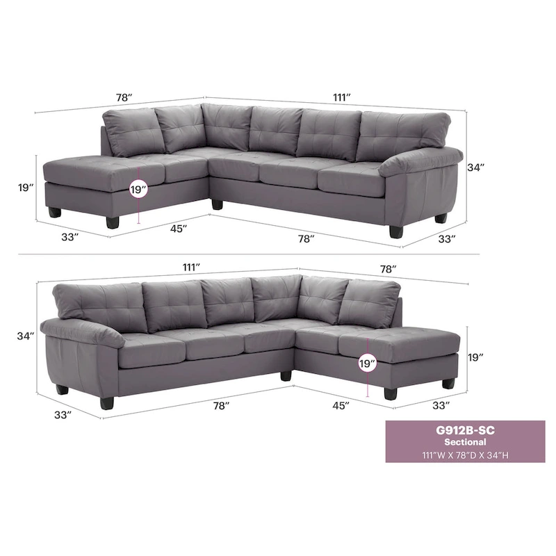 Gallant 111 in. W 2-piece Faux Leather L Shape Sectional Sofa - 78L x 111W x 32H