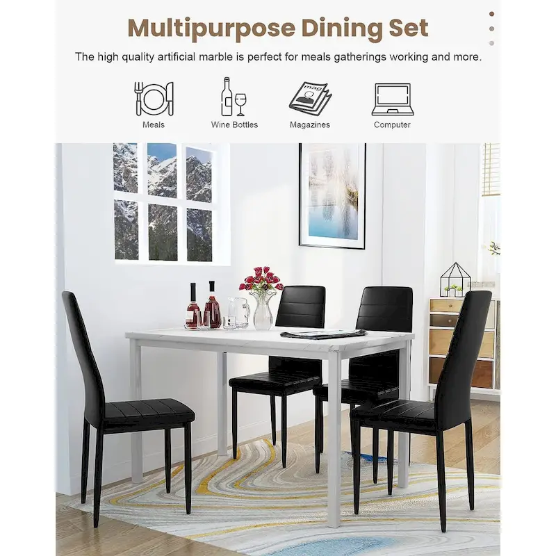 Modern 5-Piece Kitchen Dining Set, Counter Height Dinette Set with Marble Look Top and 4 Upholstered PU Leather Chairs