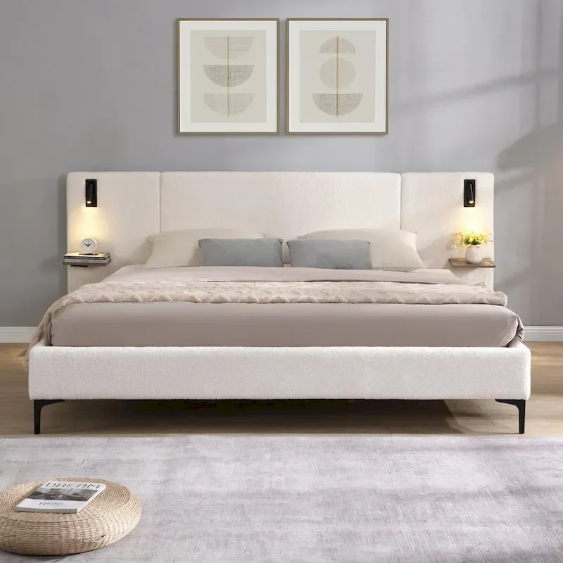 White Boucle Upholstered King Bed with Lights & Shelving, 2-Person