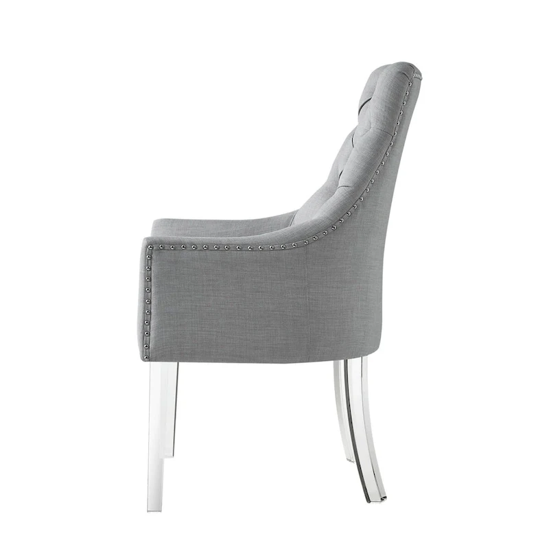 Tufted Light Gray Linen Dining Arm Chairs with Nailhead Trim – Set of 2