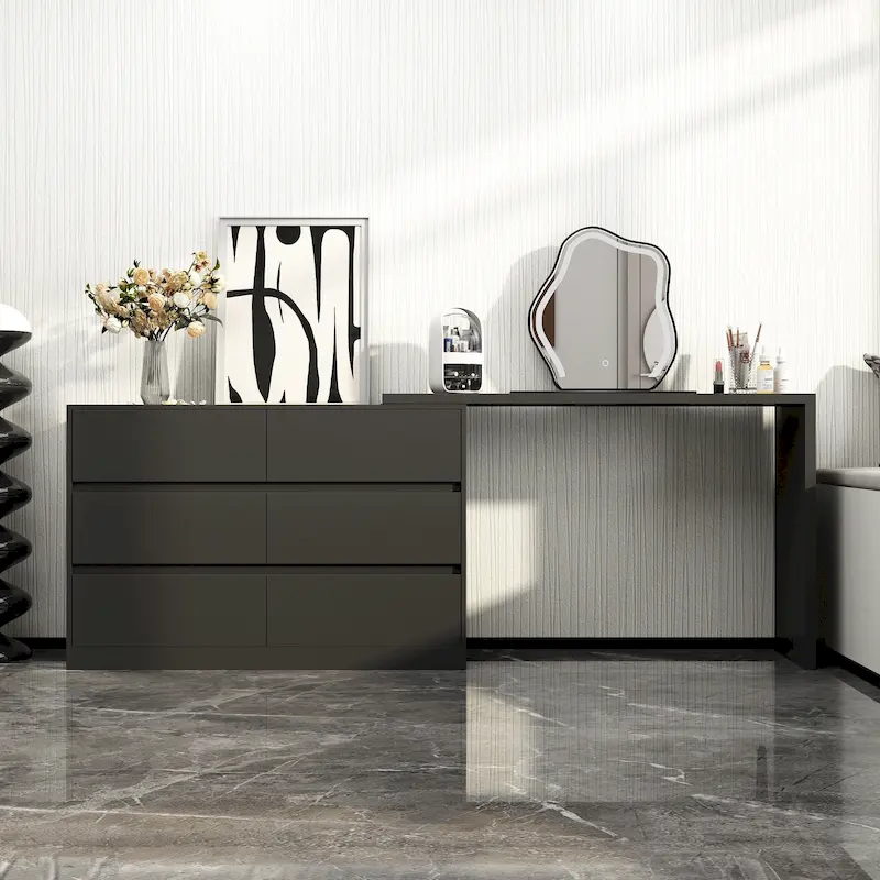 White/Black 6-Drawer Rotating Dresser & Desk Combo, 1-Person