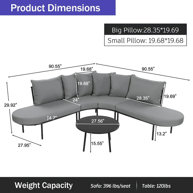 Iron Curved Sectional Sofa Set with Table and Cushions