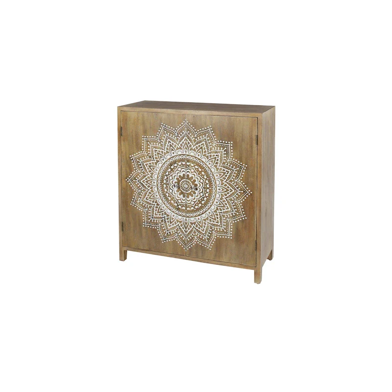 Wood Floral Intricately Carved 1 Shelf and 2 Doors Room Cabinet - Brown