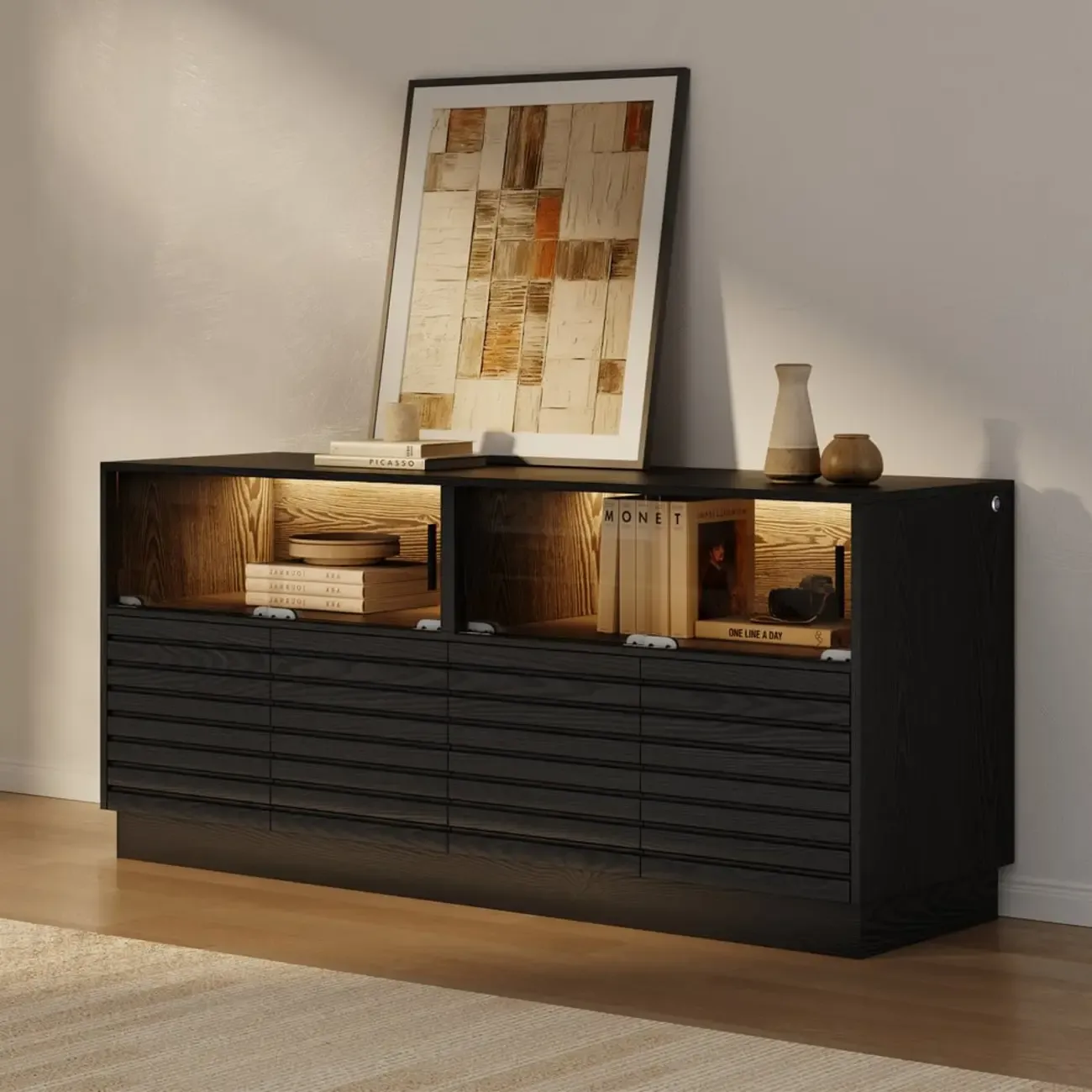 Modern Black Rectangular Wooden LED TV Stand