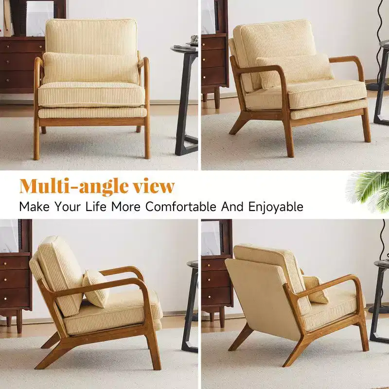 Karl Home 2Pcs Mid Century Solid Wood Accent Chair Upholstered Armchair with an Extra Pillow
