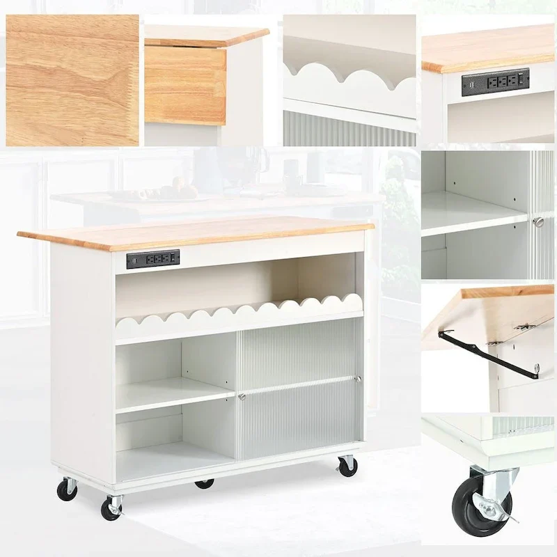 Multi-Functional Kitchen Island Cart with Drop Leaf, LED Light, and Power Outlets