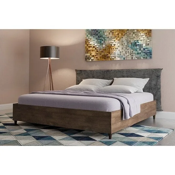 Tan / Brown / White Mid-Century MDF Bed Frame (Queen / King)