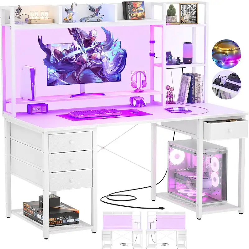 Gaming Desk with Hutch and Drawers, Office Computer Desk with Charge Station and LED Light