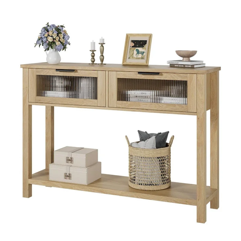Wood Entryway Table, Console Table with 2 Glass Drawers