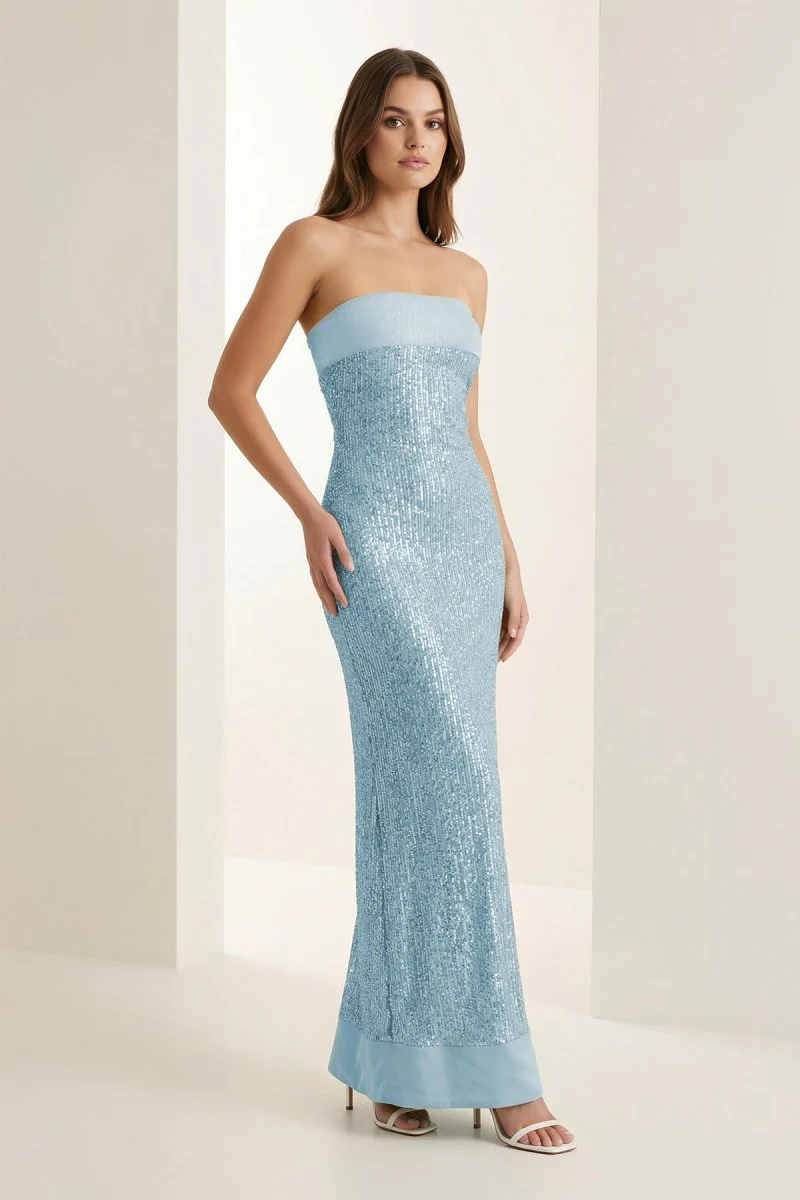 Sage Sheath Strapless Sequined Long Prom Dresses
