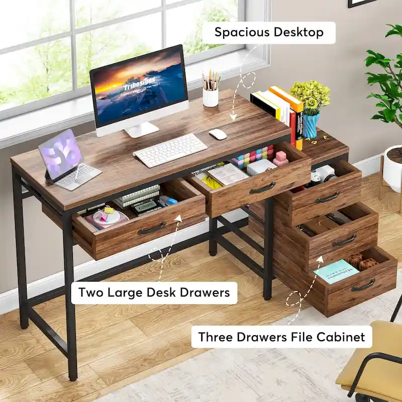 Reversible Computer Desk with 5 Drawers, Home Office Desk with File Cabinet Drawer Printer Stand