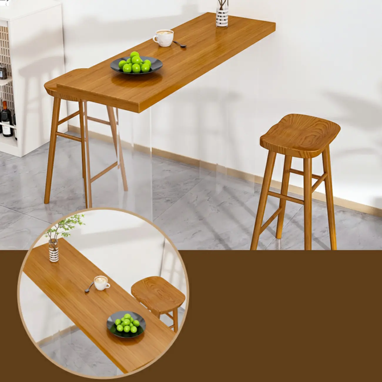 Modern Brown Bar Set with Wood Seating and Footrest