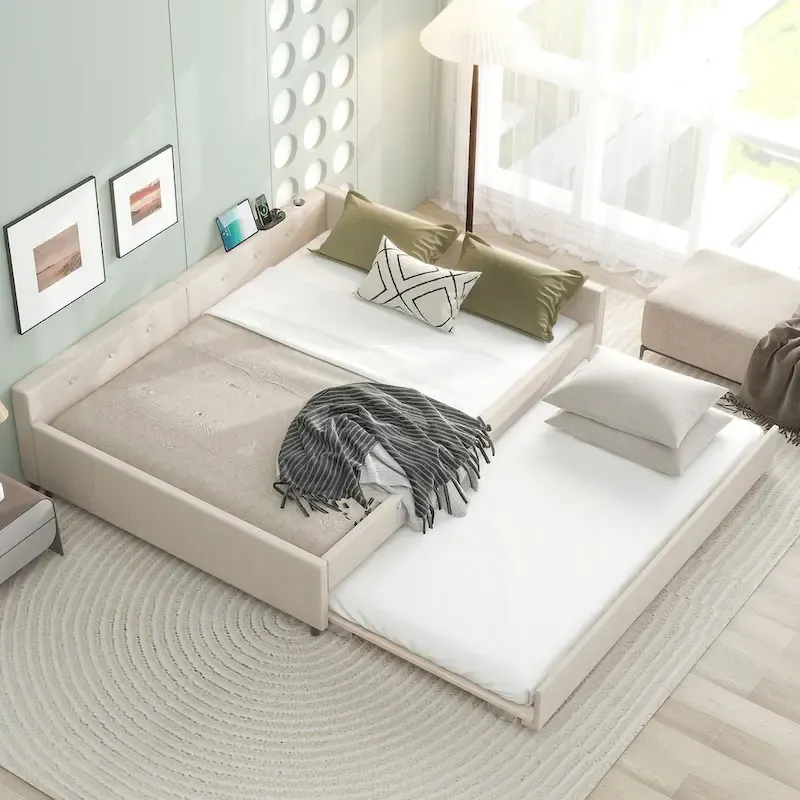 Queen Upholstered Platform Bed with USB and Trundle