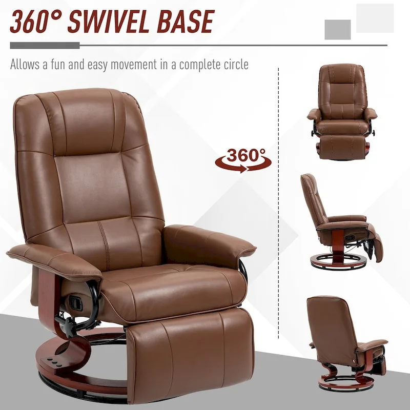 Faux Leather Manual Swivel Recliner Chair with Footrest, Armrest and Wrapped Wood Base
