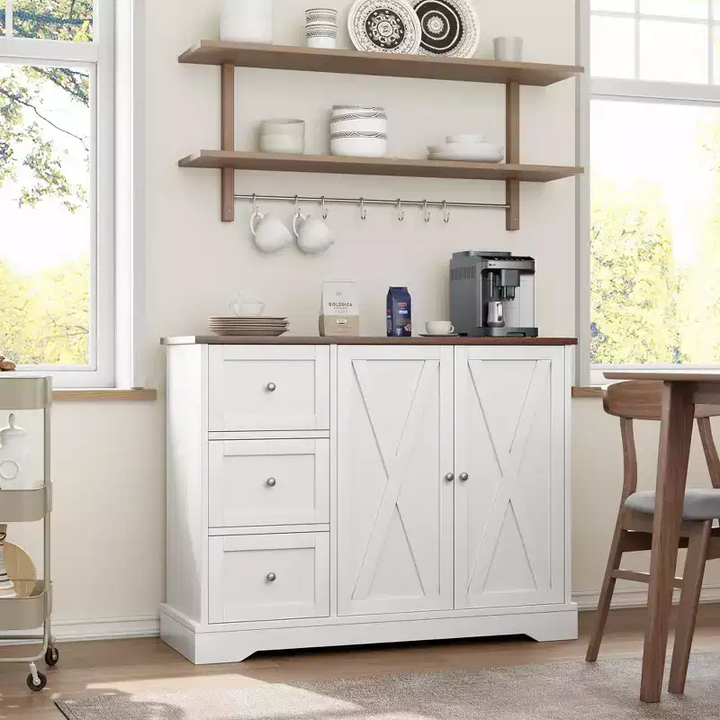Sideboard with storage, sideboard with doors, wooden coffee bar cabinet with 3 drawers, storage cabinet for kitchen, dining room, living room