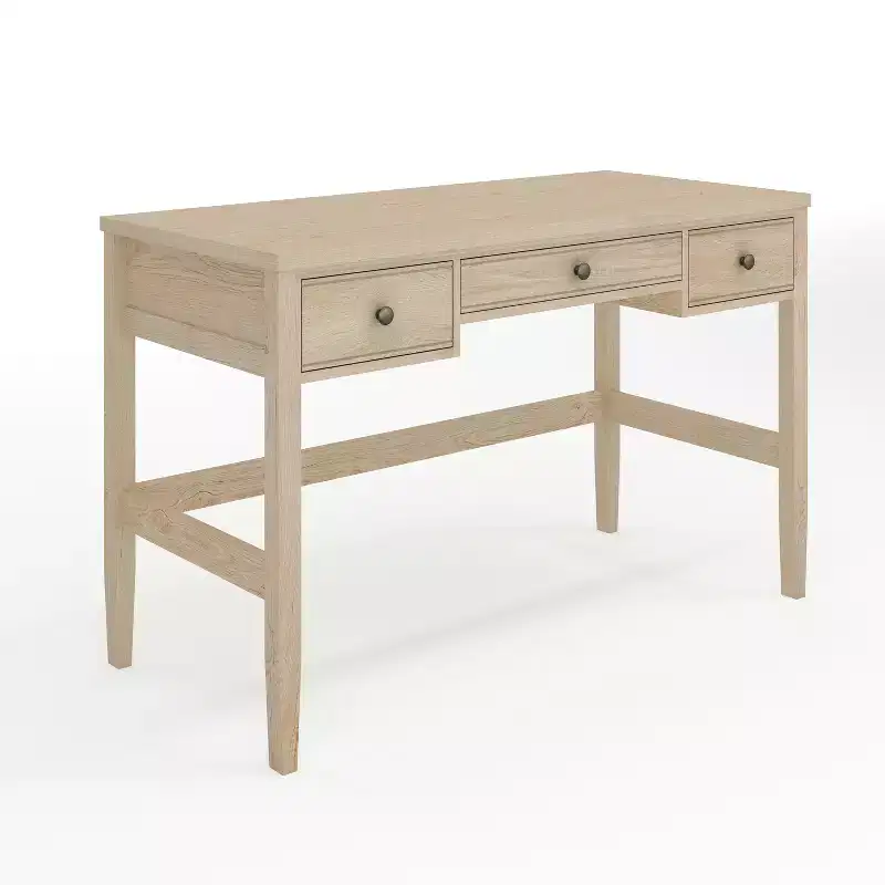 Martha Stewart Rhett Home Office Writing Desk with Tapered Legs in Light Natural with Antique Bronze Hardware