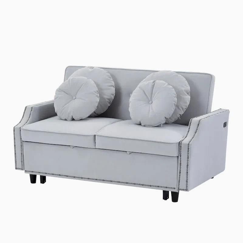 Loveseat Sofa Bed with Adjustable Button Tufted Backrest, 2 USB Ports and 4 Pillows