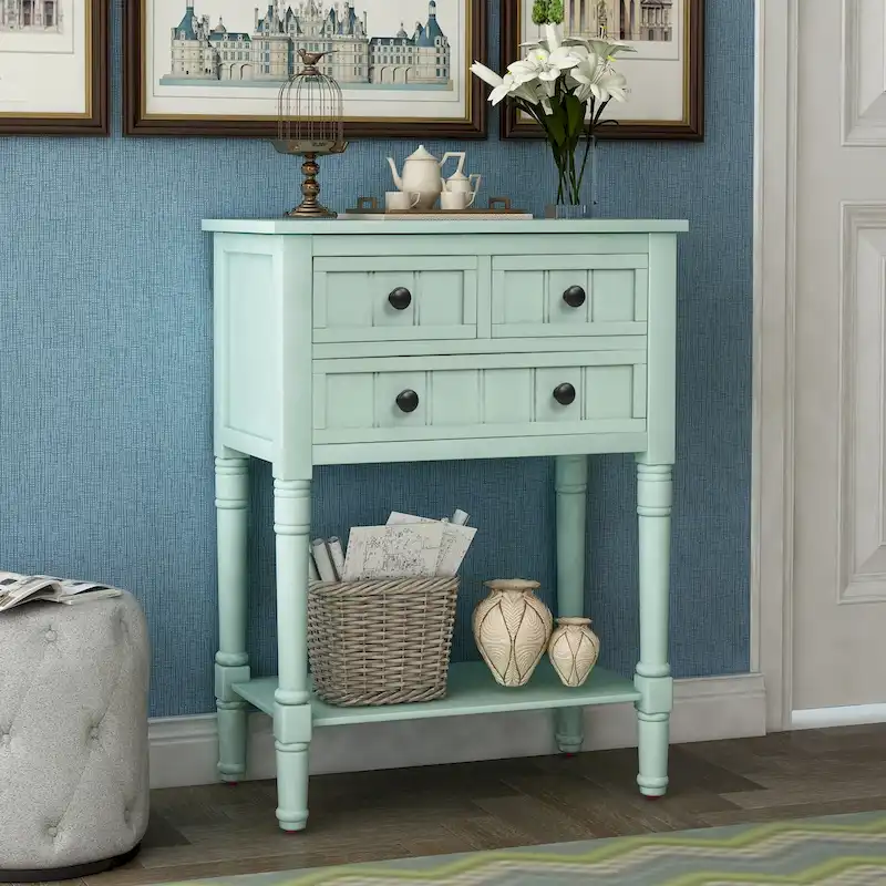 Retro Blue / Espresso / Greywash / Navy Blue / Ivory White Narrow Console Table with 3 Drawers & Shelf