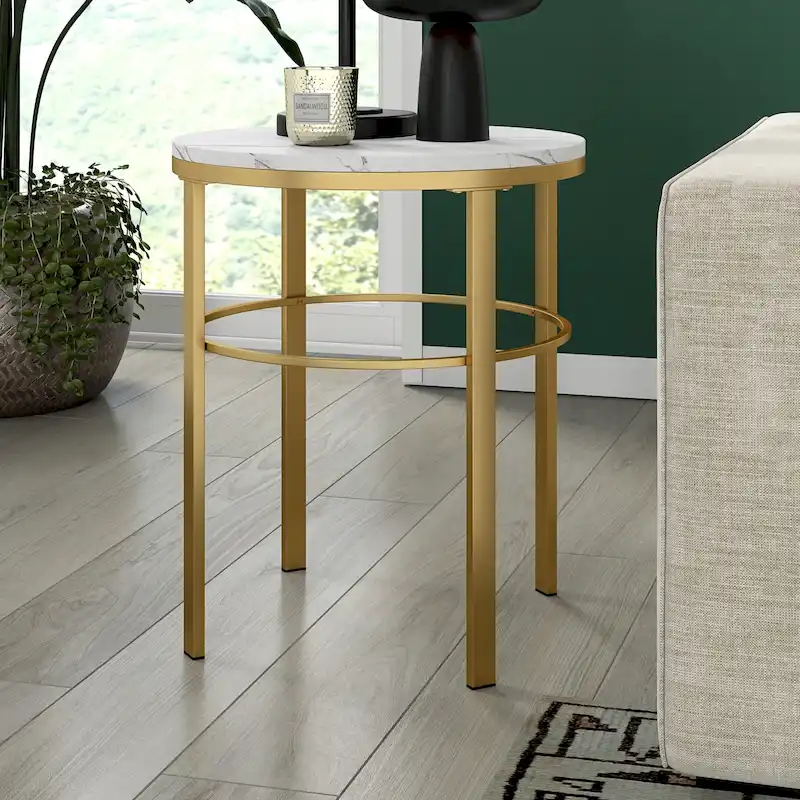 Brass / Blackened Bronze, Round Faux Marble Top Side Table, 1-Person, Modern Glam