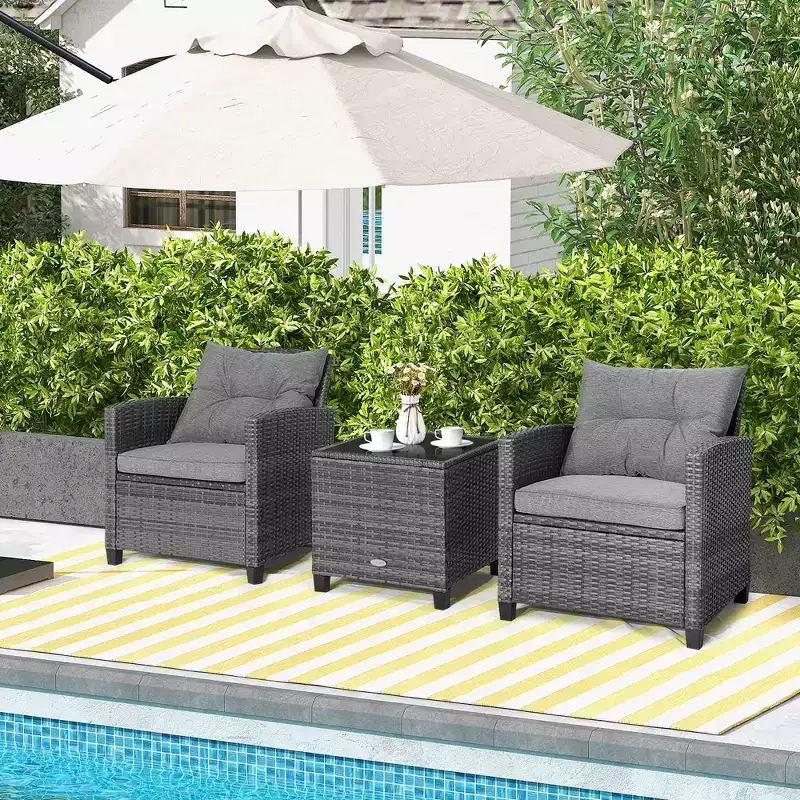 Costway 3PCS Patio Rattan Furniture Bistro Set Cushioned Sofas Side Table Armrest Red/Grey/Navy/Turquoise/Black