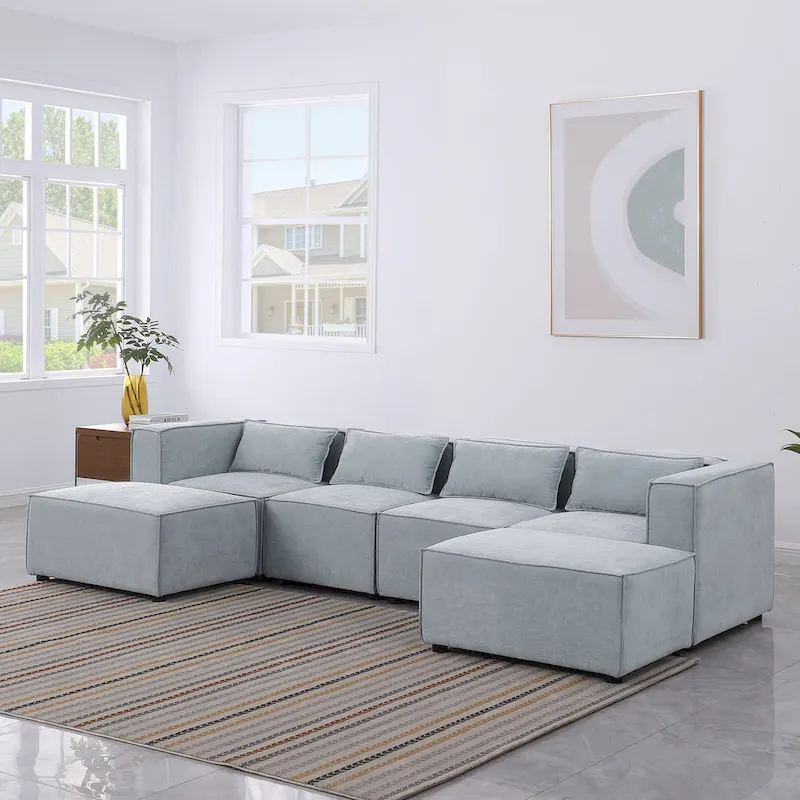 6-Piece Chenille Upholstered U-Shaped Modular Sectional Sofa with 2 Removable Ottoman and Free Combination Design
