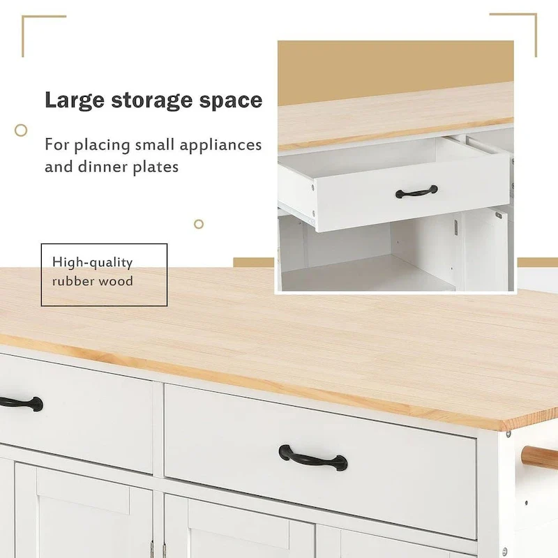 Kitchen Island Cart with Solid Wood Top, Locking Wheels, Spice & Towel Rack