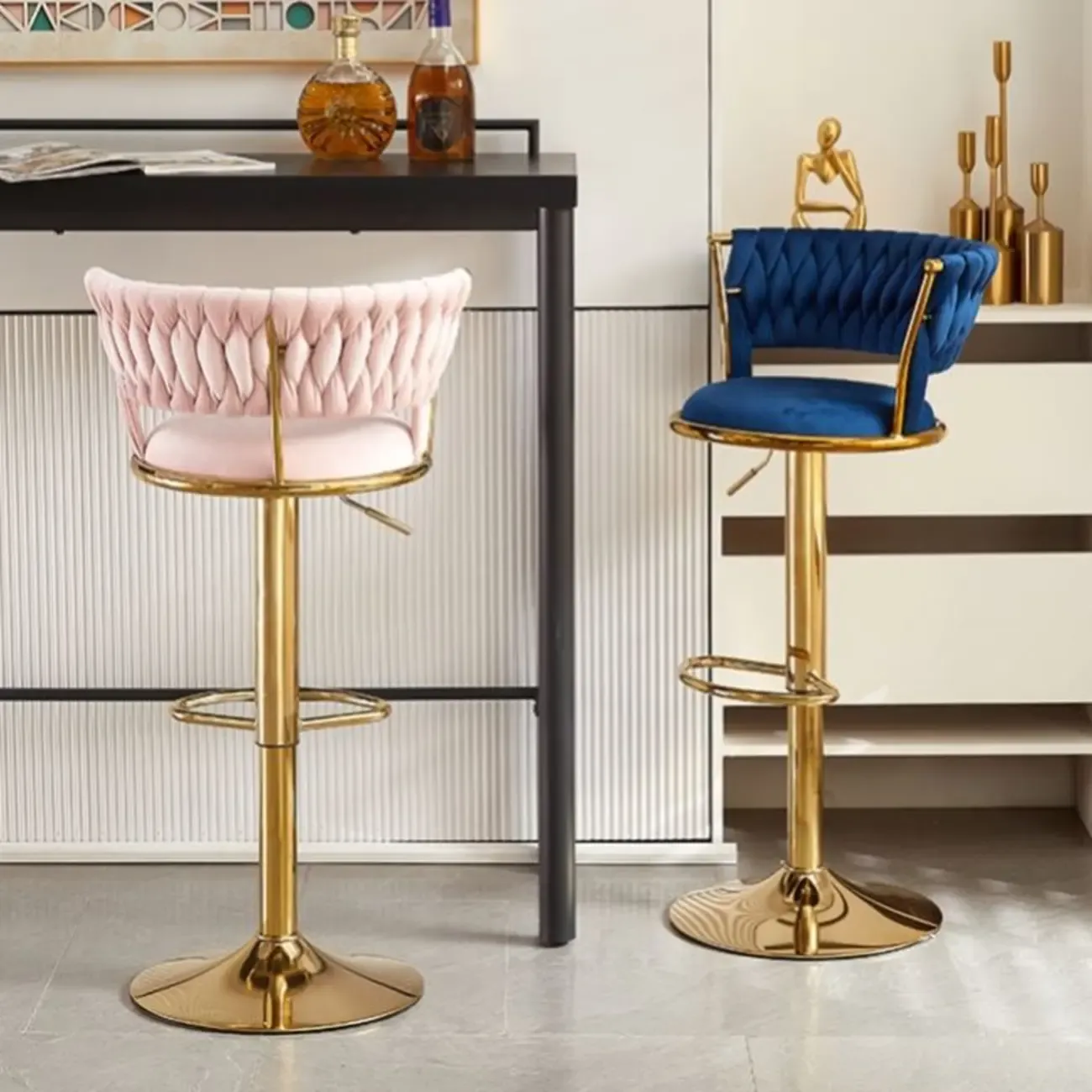 Adjustable Flannel Curved Back Bar Stools with Gold Base