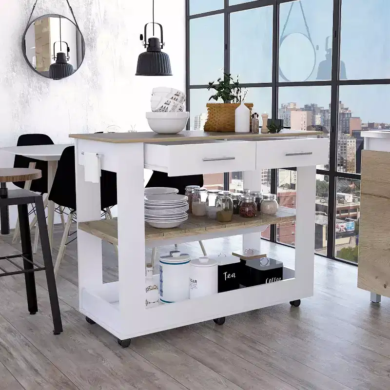 Okak 46IN Kitchen Island with 2 Open Shelves, Kitchen Cart with 2 Drawers and Metal Handles, Kitchen Island On Wheels for Dining Room, Kitchen, White