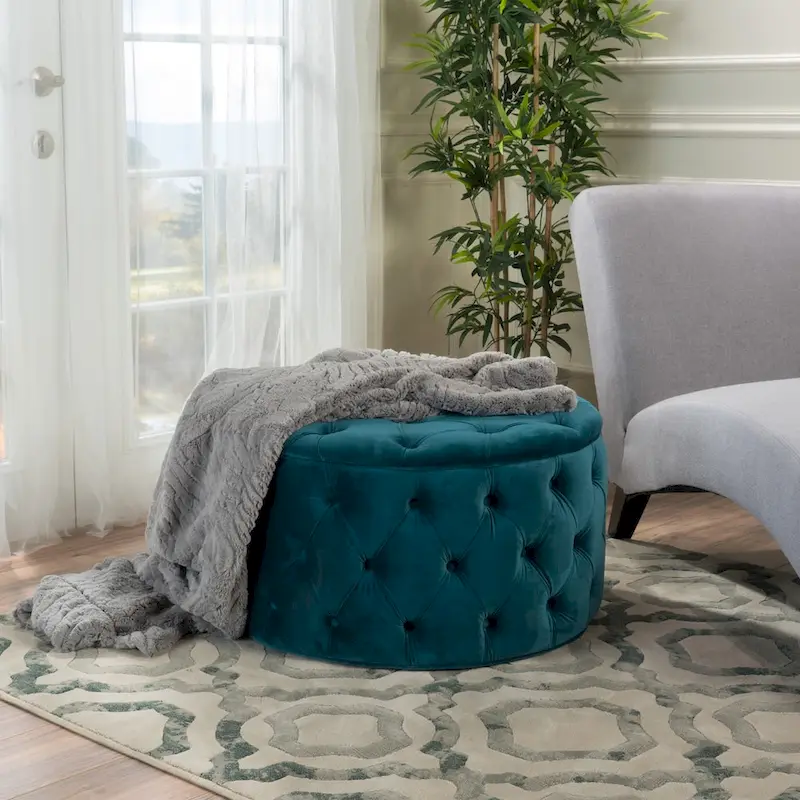 Modern Glam Tufted Velvet Round Ottoman