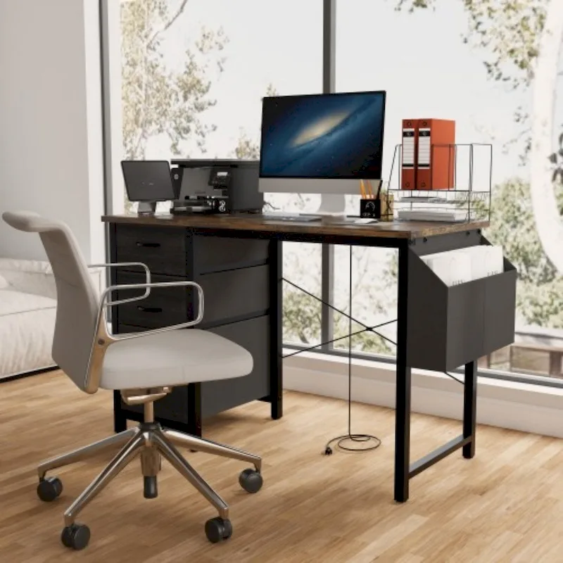 Brown / White / Black, Modern Style, Single-Person Office Desk with Hutch, 3 Drawers & Power Outlets